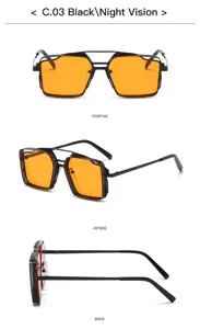 Vue detaillee de lunettes de soleil steampunk en metal ajoure, cadre carre avec grille.