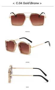 Gros plan de détails de lunettes de soleil carrées creuses en métal avec verres bruns.