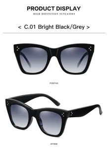 Gafas de sol cat-eye negras elegantes para mujer con lentes grises degradadas y detalles.