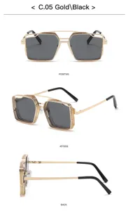 Vue détaillée des lunettes de soleil carrées en métal style steampunk vintage or noir.