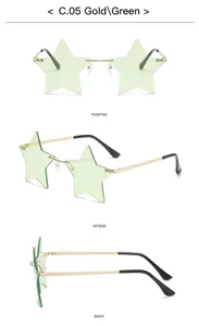Star shaped rimless sunglasses detail view showing unique green lenses and metal frame.