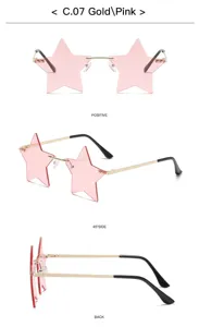 Trendy star shaped rimless sunglasses with pink lenses and gold metal frame for outdoor wear.