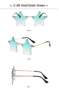Detail view of stylish star-shaped rimless sunglasses with gold frame and dark green gradient lenses.