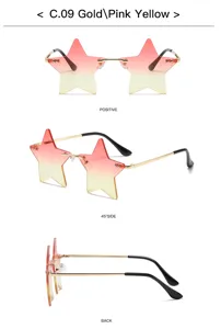 Irregular star rimless sunglasses, gradient pink yellow lenses, fashion funny eyewear.