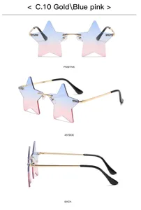 Fashion star-shaped rimless sunglasses with gradient blue pink lenses and gold metal frame.