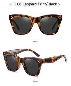 Vista detallada de gafas de sol ojo de gato leopardo, montura gruesa con lentes oscuras.