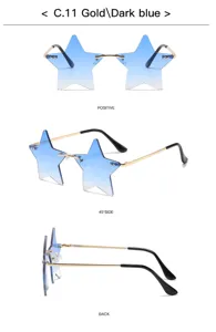 Star shaped rimless sunglasses, gradient blue lenses with gold metal temples, chic eyewear.