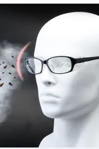 Close-up of protective safety glasses with black frame and clear side shields for dust proof.