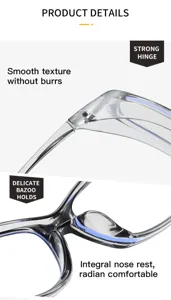 Clear anti-fog safety glasses hinge and nose rest detail, comfortable and smooth texture.