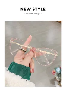 Pink cat-eye anti-blue light glasses with metal temples, elegant clear frame fashion eyewear details.