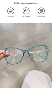 Vue detaillee de lunettes optiques transparentes bleues avec des branches en metal.