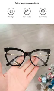 Modische Cat-Eye-Blaulichtfilter-Brille mit schwarzem Gestell und goldenen Bügeln.