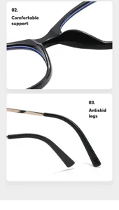 Cat-eye TR metal optical frame glasses detail, comfortable bridge and antiskid temples.