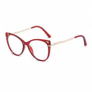 Fashion red cat-eye anti-blue light glasses with stylish metal temples for daily wear