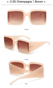 Occhiali da sole quadrati oversize per donna e uomo, montatura champagne con lenti marroni.