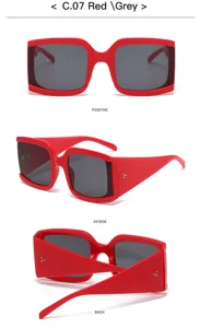 Occhiali da sole quadrati oversize rétro per donna e uomo, montatura rossa con lenti grigie.