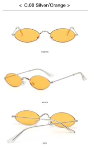 Gedetailleerd overzicht van trendy kleine ovale metalen zonnebril met oranje glazen.
