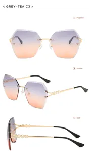 Detail view of women's rimless gradient sunglasses featuring diamond-cut lenses and pearl temples.
