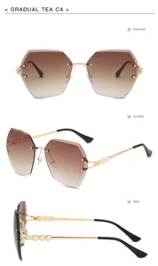 Frameless polygonal gradient tea sunglasses featuring pearl rhinestones and gold temples