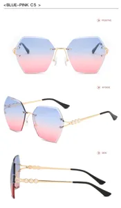 Gradient blue pink rimless sunglasses for women with elegant pearl embellished metal temples.