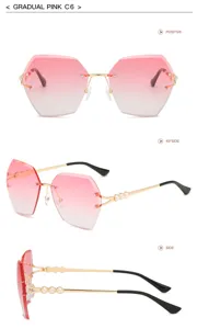 Close-up detail of gradient pink rimless sunglasses with polygon diamond cut and pearl temples.