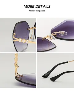 Women diamond cut rimless sunglasses with pearl temples and gradient purple lenses 3475