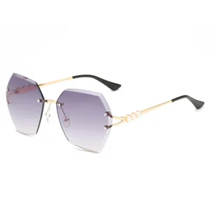Rimless Diamond Cut Sunglasses For Women Fashion Polygon Gradient Lenses Metal Frame Sunglasses With Artificial Pearl Decoration UV400 Sun Glasses