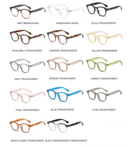 Vista detallada de varias opciones de color y montura transparente para gafas retro anti-luz azul.
