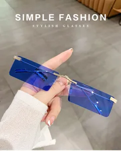 Close-up of stylish rimless rectangular sunglasses with vibrant blue lenses and gold metal.