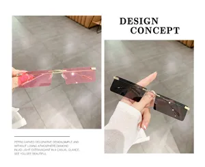 Detailed view of trendy rimless rectangular sunglasses with metallic temples and tinted lenses.