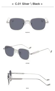 Détails de lunettes de soleil en métal à double pont carré rétro en argent et noir.