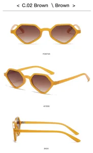 Vue détail lunettes de soleil géométriques demi-triangle, monture jaune, verres dégradés.