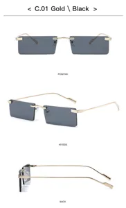 Detailed multi-angle view of retro rectangular rimless sunglasses with gold frame and black lenses.