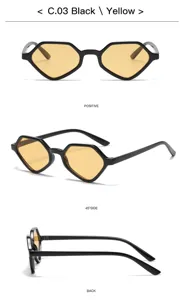 Détail de lunettes de soleil géométriques montrant la monture noire et les verres jaunes.
