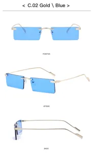Detail view of vintage rimless rectangular sunglasses featuring blue lenses and gold metal frames.