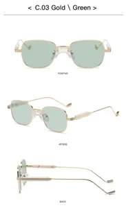 Lunettes de soleil carrées rétro avec monture en métal doré et verres verts, détails.