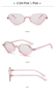 Vue détaillée de la lunette de soleil rose transparente géométrique au design très élégant.