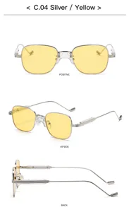 Lunettes de soleil carrées rétro pour femmes, monture en métal argenté et verres jaunes.