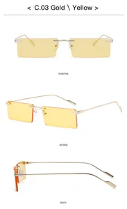 Retro vintage rimless rectangular sunglasses for men and women, gold frame yellow slice detail