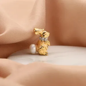 Gold plated cute rabbit brooch with natural pearl tail and fashion jewelry accessory