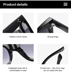 Detalle de la montura de gafas de sol cat-eye negra con bisagra fuerte y comoda.