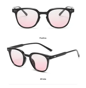 Zwarte ronde blauwlicht filter bril met roze lenzen, gedetailleerd overzicht en hoekweergave.