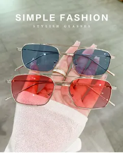 Double bridge narrow frame sunglasses detail view showcasing gradient lenses and metal design.