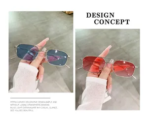 Double bridge small square sunglasses detail view, trendy metal frame gradient lenses.