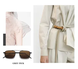 Korean style small frame double bridge sunglasses with chic fashion lookbook styling details.