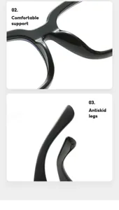 Gros plan sur la monture de lunettes noires montrant un pont nasal confortable et des jambes.