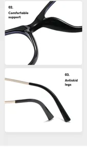 Close-up detail view of cat-eye anti-blue light glasses with comfortable support and temples.