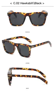 Fashionable square tortoiseshell sunglasses featuring metal arrow accent and UV400 protection.