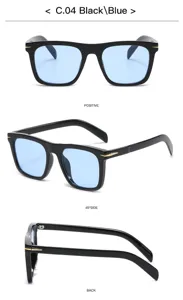 Stylish black square sunglasses featuring light blue lenses and chic gold temple accents.