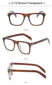 Detail view of brown transparent square blue light blocking glasses showing frame texture and angles.
